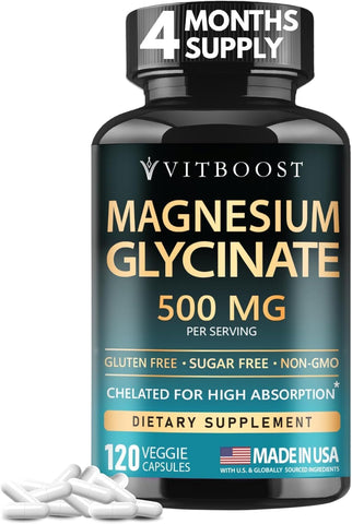 VITBOOST Magnesium Glycinate 500mg - Support Sleep 120 Veggie Capsules