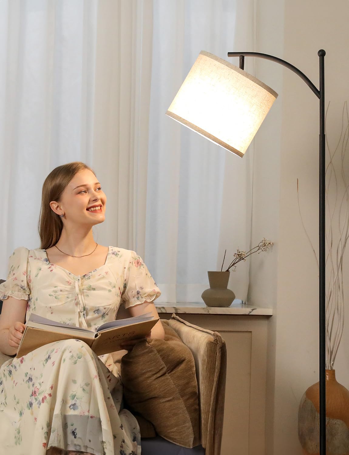 Ambimall 60" Modern Floor Lamp with Beige Shade, 9W LED Bulb