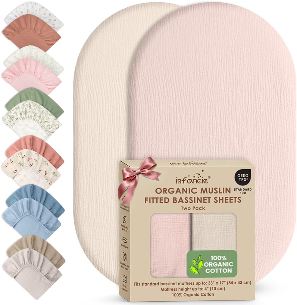 100% Organic Cotton 2 PK Baby Muslin Bassinet Sheets Unisex 33 x 17in
