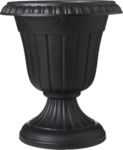 Arcadia Garden Products Small 10x12” Classic Traditional Plastic Urn Planter, Indoor/Outdoor Garden Plant Pot Garden Décor, Black