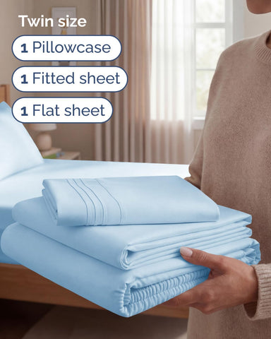Twin Size 3 Piece Sheet Set - Breathable & Cooling Sheets - Light Blue