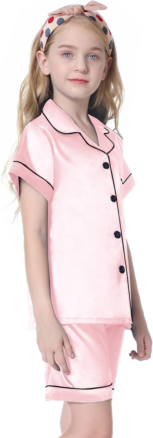 Umeyda Women & Girls Pajamas Set, Soft Satin Lightweight Silk Button-Down Top with Shorts 2 Piece PJS for Mom Boys Kids Gifts
