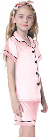 Umeyda Women & Girls Pajamas Set, Soft Satin Lightweight Silk Button-Down Top with Shorts 2 Piece PJS for Mom Boys Kids Gifts