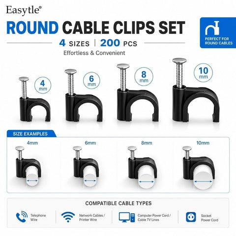 200 Pcs Cable Clips 4/6/8/10mm Nail in Cable Clips Cable Wire Clips Cable Tacks Coax Cable Speaker Wire Clips Cable Nails for Cords Wall Wire Clips RG6 RG59 CAT6 RJ45 Ethernet Cable Clips Black