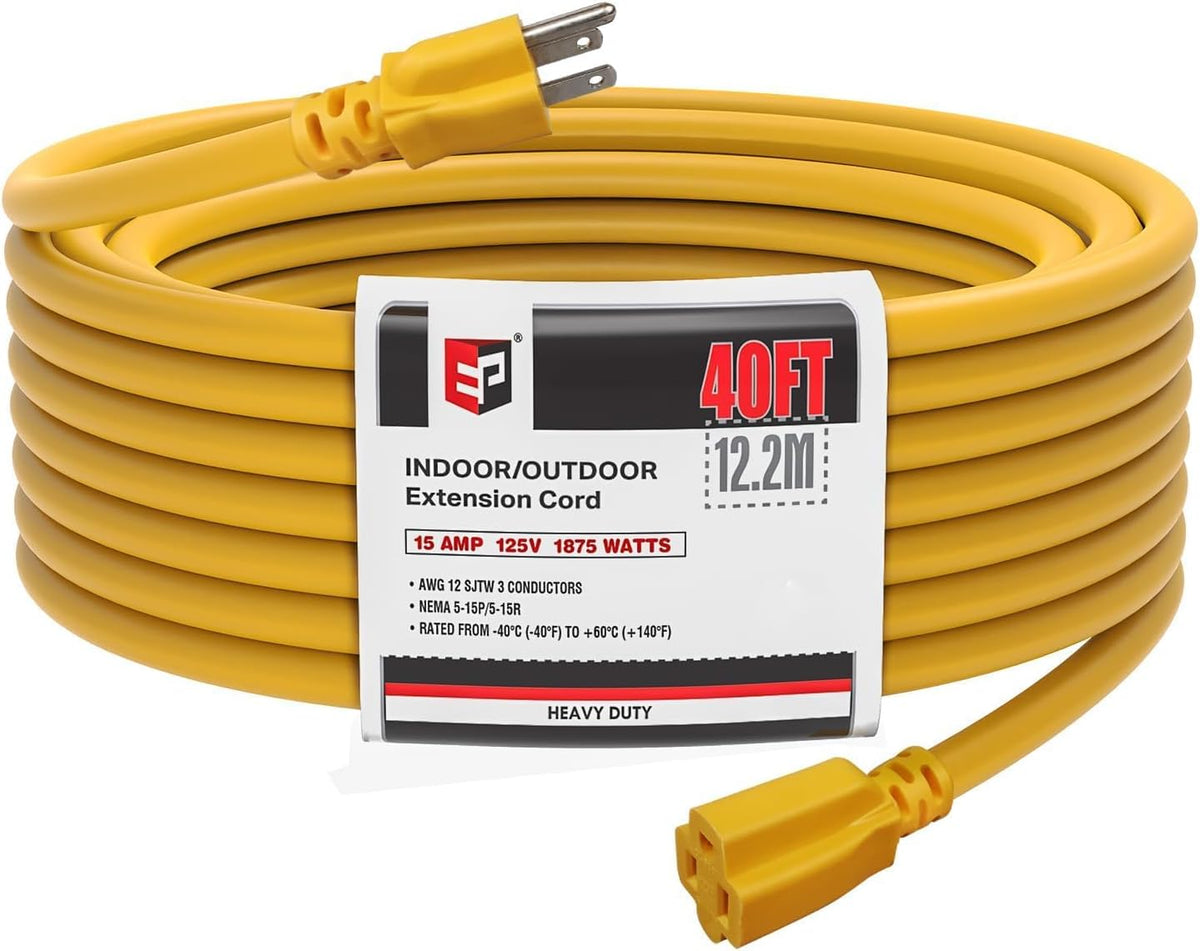 EP 40 Ft Heavy Duty Outdoor Extension Cord, 12/3 SJTW Yellow 3-Prong