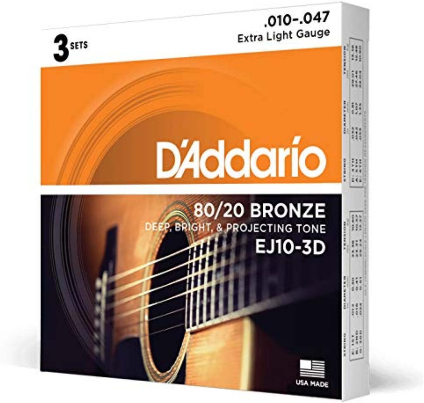 D'Addario 80/20 Bronze Acoustic Guitar Strings, Extra Light 10-47, 3 Sets