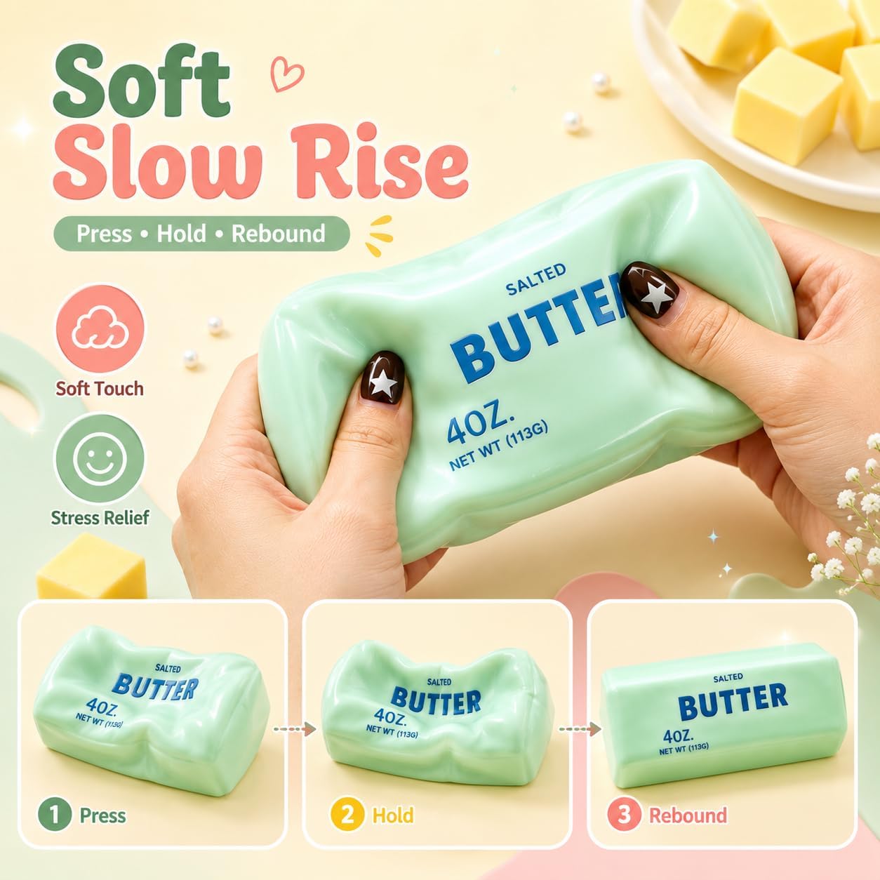 Crunchy Butter Squishy Asmr Bead Filled, Slow Rising Squeeze (Green Butter)