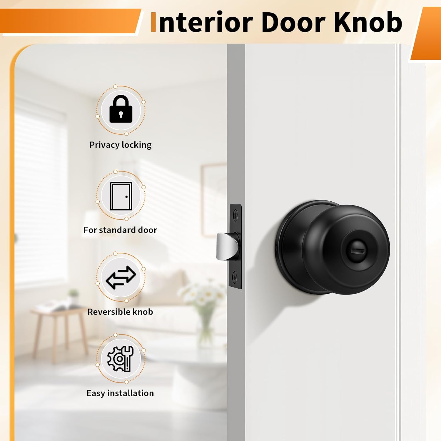 Probrico Black Door Knob 7 Pack, Interior Bedroom Doorknob with Lock, Keyless Door Handles with Inside Privacy Locking Function, Colonial Ball Knob, Universible Levers