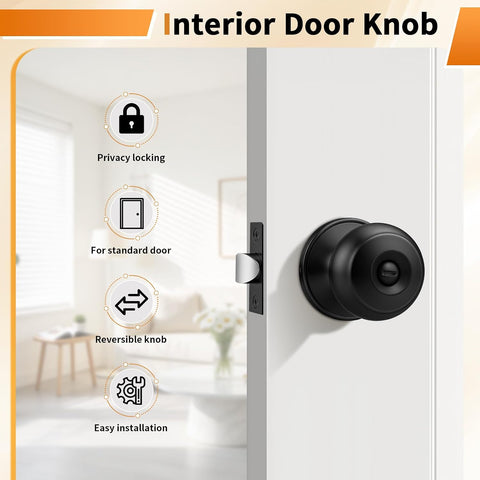 Probrico Black Door Knob 7 Pack, Interior Bedroom Doorknob with Lock, Keyless Door Handles with Inside Privacy Locking Function, Colonial Ball Knob, Universible Levers