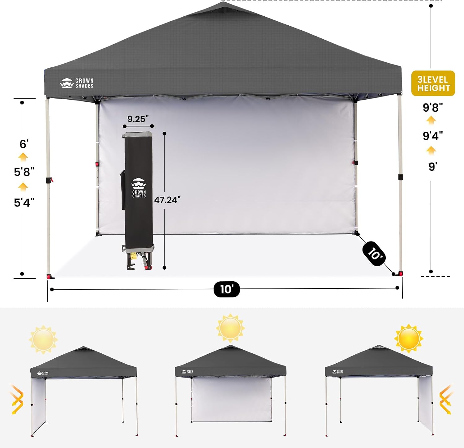 CROWN SHADES 10x10 Pop Up Canopy with 1 Side Wall, Beach Tent, Grid Grey