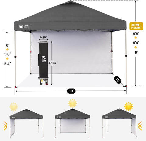 CROWN SHADES 10x10 Pop Up Canopy with 1 Side Wall, Beach Tent, Grid Grey