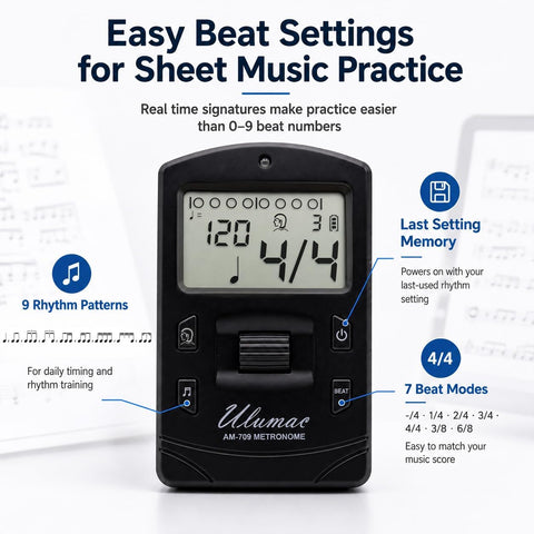 AM-709 Rechargeable Digital Metronome with Vocal Counting for Piano, Guitar, Drum, Violin and All Instruments