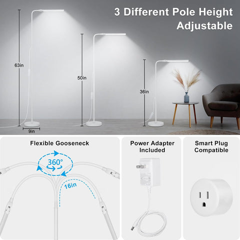 White Floor Lamp, 18W/2000LM Bright LED Floor Lamp for Living Room, Adjustable Gooseneck Dimmable Standing Office Task Lamp for Reading, Study, Eye Caring Lash Light for Sewing Tatoo Facial Spa