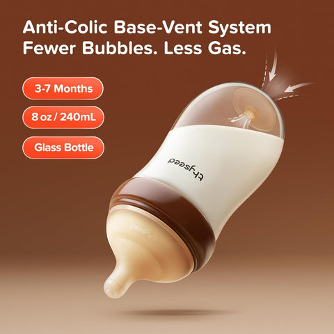 Thyseed Anti-Colic Glass Baby Bottle for Breastfed Infants, Natural Feeding, Breast-Like Newborn Medium Fast Flow Nipple (3m+), 8 oz, 1 Pack