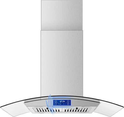 Tieasy Island Range Hood 36 inch 700 CFM Ceiling Mount Kitchen Stove Hood Ducted with Tempered Glass 4 LED Lights Touch Control 3 Speed Fan Permanent Filters