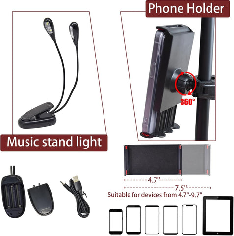 70" Sheet Music Stand with Light and Phone Holder, Music Stand for Sheet Music High Stability, Height Adjustable Portable Music Sheet Stand with Carrying Bag(33-70inch,Plate without hole)