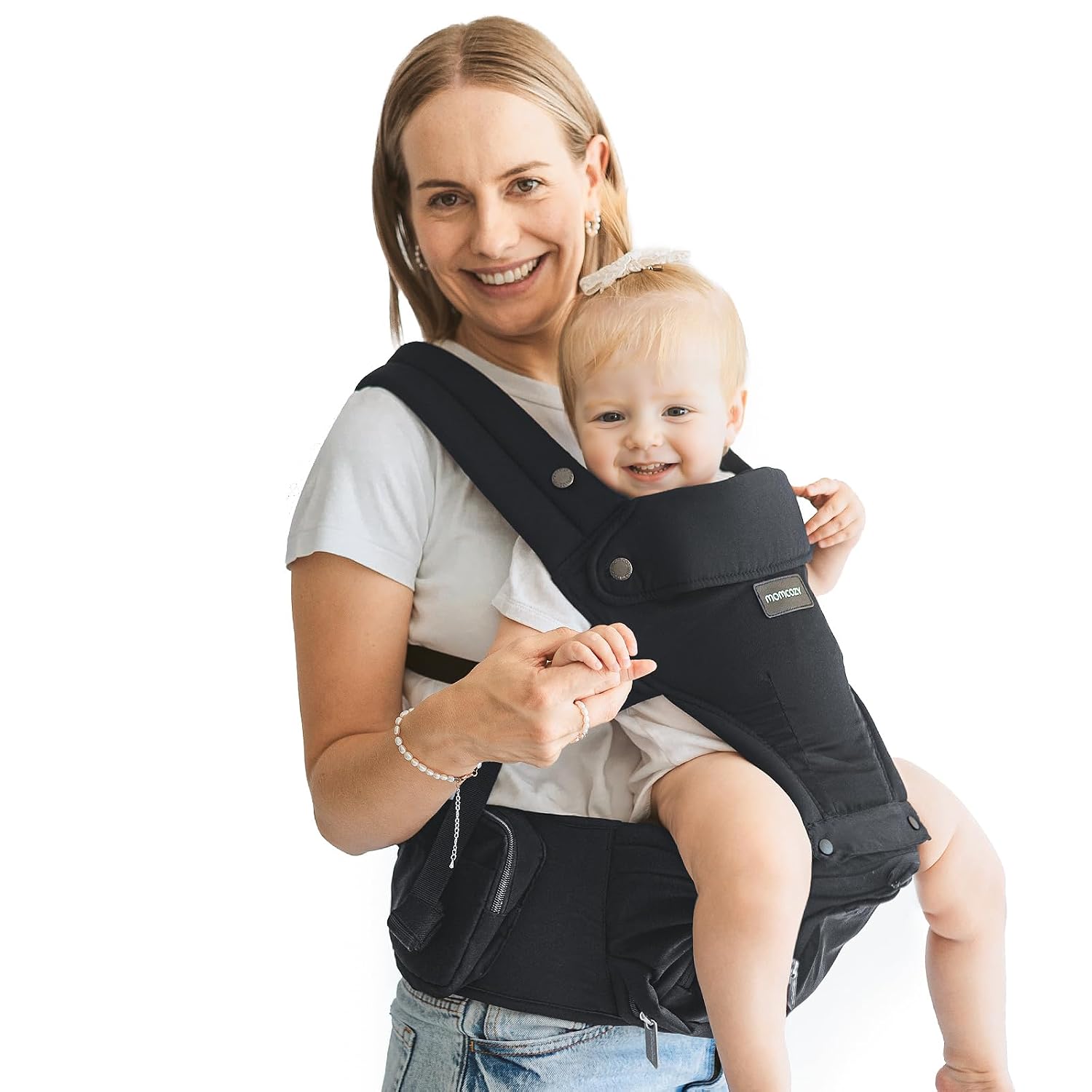 Momcozy Baby Carrier with Hip Seat, 2-in-1 Forward-Facing Carry for Long Walks, Detachable Hands-Free Infant Carrier 7-44lbs, All Seasons Toddler Carrier Fits Waist Sizes up to 45 Inches, Black
