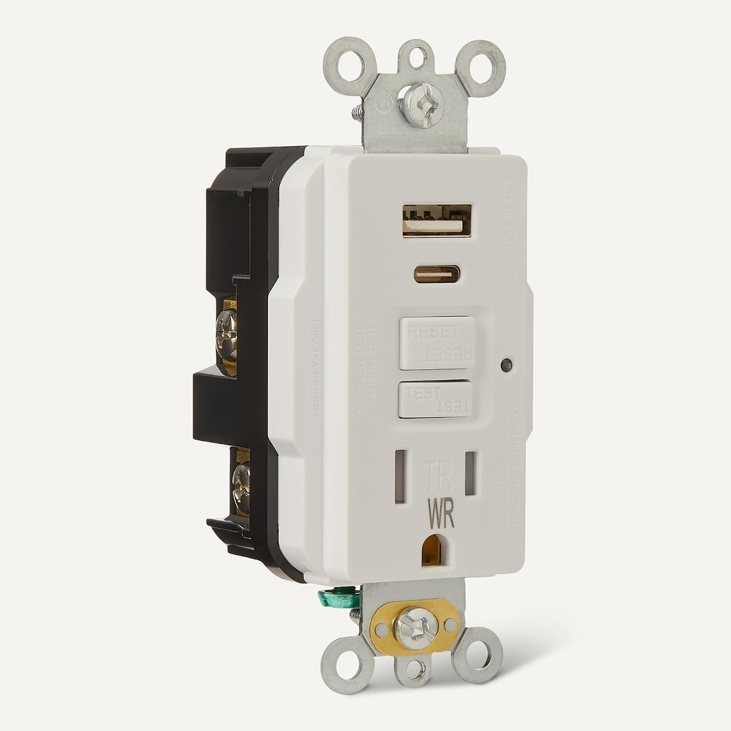 Amazon Basics Weather Resistant GFCI Receptacle with USB-A and USB-C Ports, 15 Amp Self-Test Outlet, Tamper Resistant, White, 1 Pack