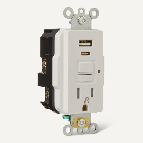 Amazon Basics Weather Resistant GFCI Receptacle with USB-A and USB-C Ports, 15 Amp Self-Test Outlet, Tamper Resistant, White, 1 Pack