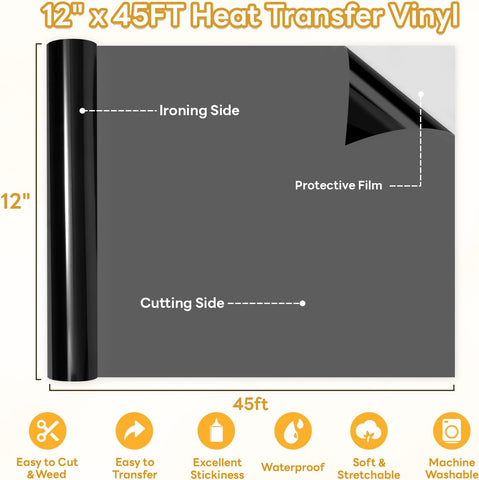 HTVRONT Black Heat Transfer Vinyl - 12" x 45FT Black HTV Vinyl