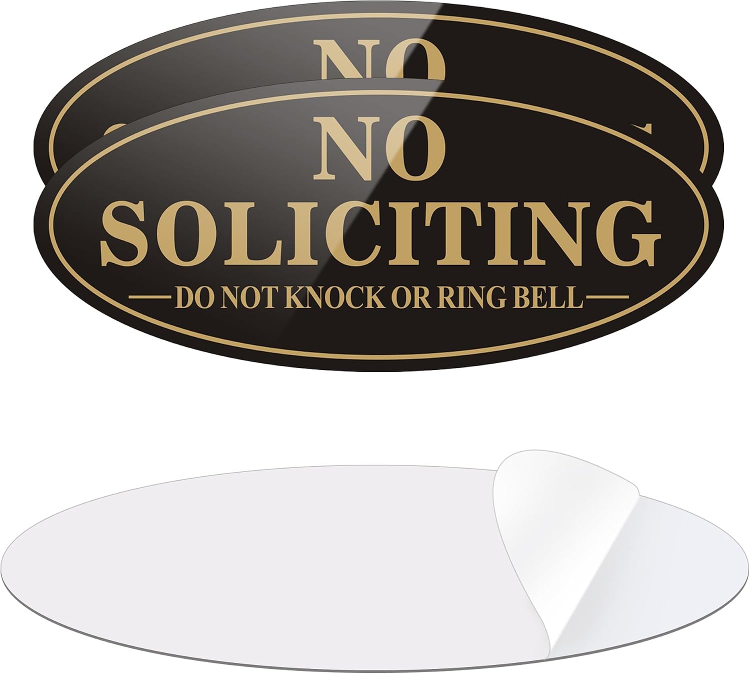 (2 Pack) No Soliciting Sign for House, Self Adhesive No Soliciting Sign for Front Door, No Solicitation Metal Sticker Signs for Home and Yard (Black/Golden, 7 x 3 inches, Do Not Knock or Ring Bell)