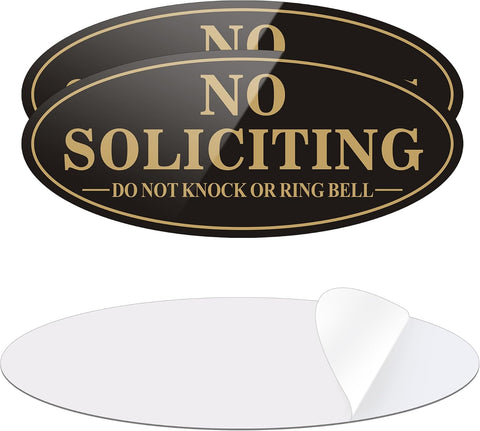 (2 Pack) No Soliciting Sign for House, Self Adhesive No Soliciting Sign for Front Door, No Solicitation Metal Sticker Signs for Home and Yard (Black/Golden, 7 x 3 inches, Do Not Knock or Ring Bell)