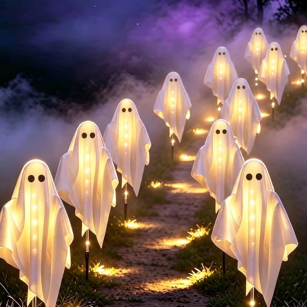 3-Pack & Solar Powered Ghost Halloween Decorations Outdoor, Auto On/Off