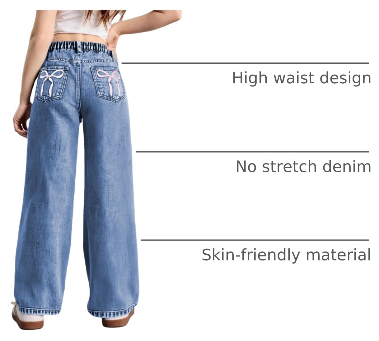 WDIRARA Girl's Bow Print Jeans Elastic High Waist Wide Leg Cute Denim Pants