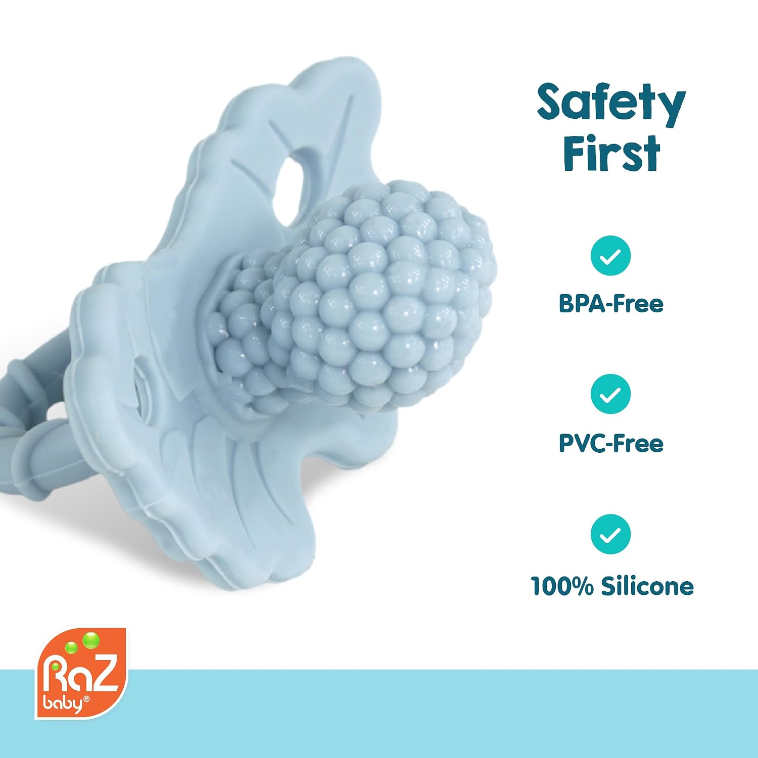RaZbaby RaZberry Silicone Teether Pacifier – Teething Relief for Infants, Food-Grade, BPA-Free, Hands-Free Design, Natural Berrybumps Fruit Texture for Sensory Development, Freezable – Black