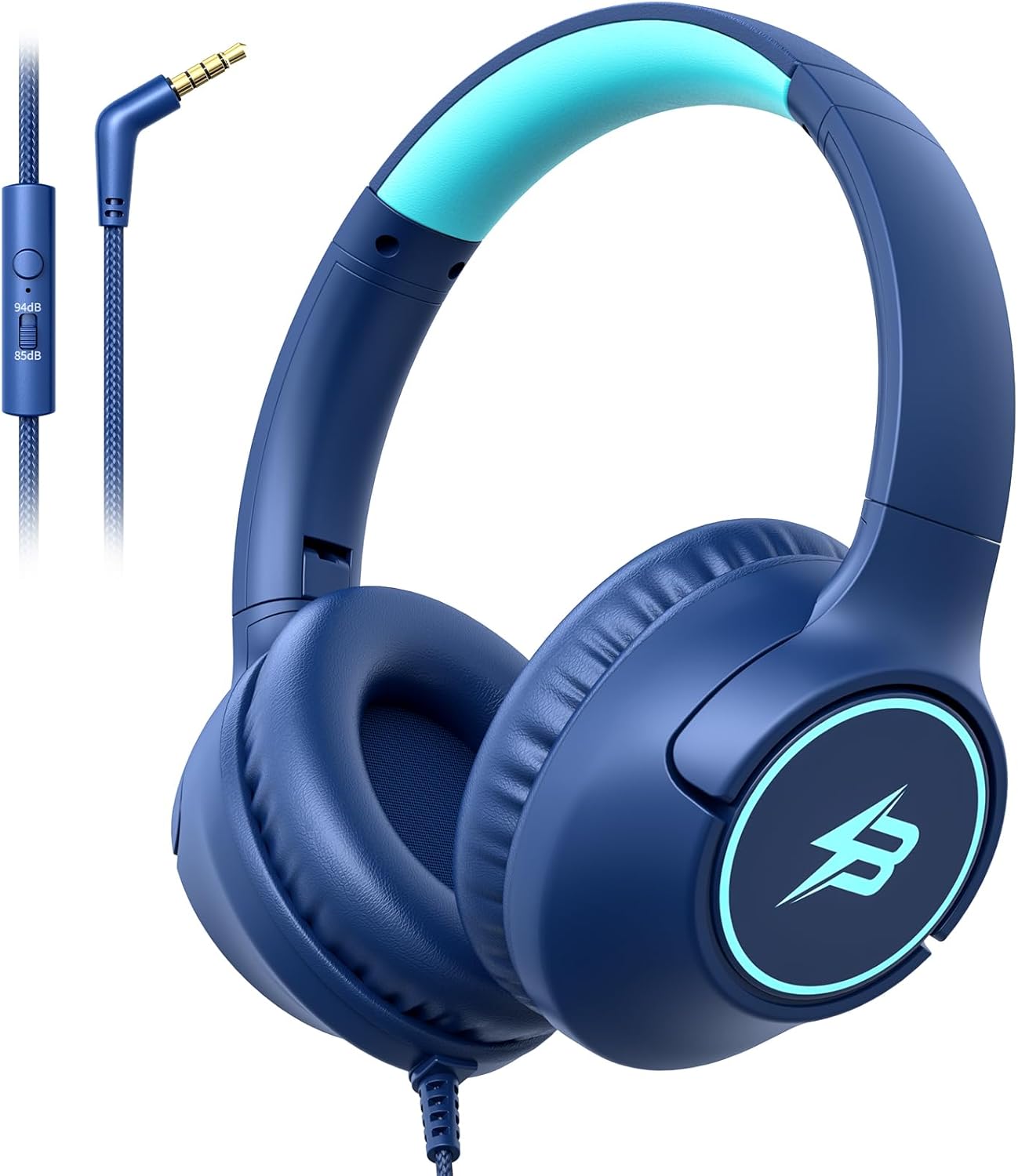 Kids Headphones Wired for School, 3.5mm Safe Volume Limited with Mic, Navy