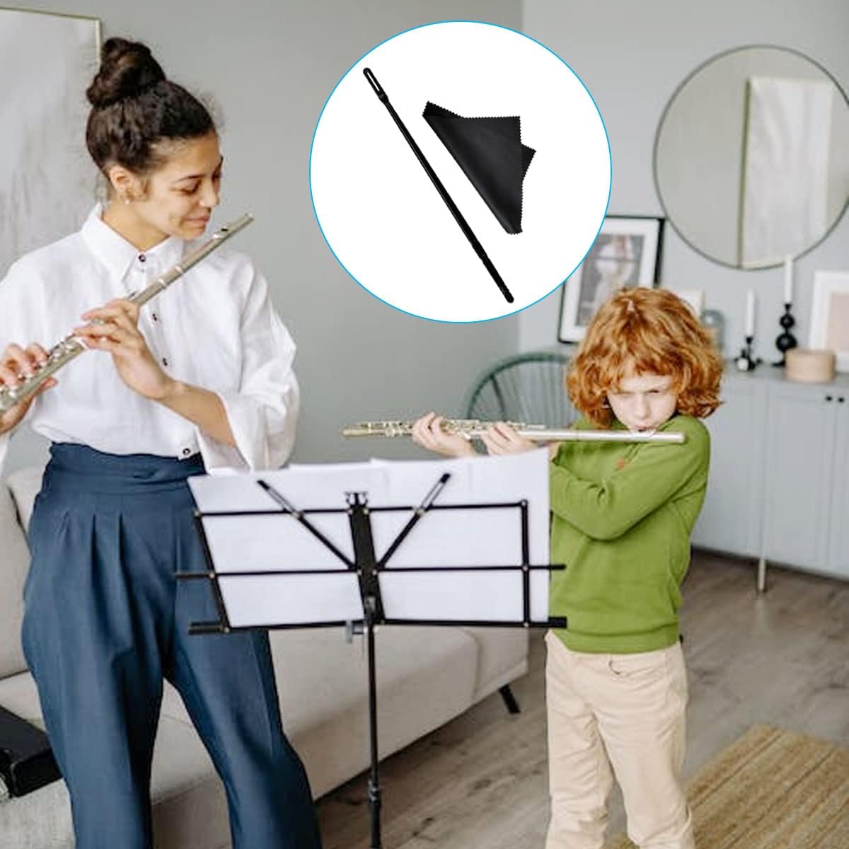 2 Sets Black Flute Cleaning Rod and Cloth, Flute Cleaning Kit