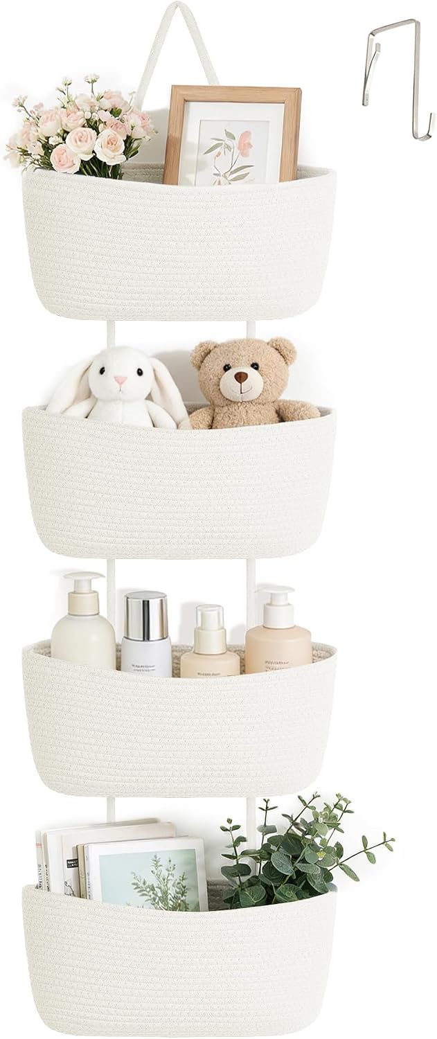 Dahey Over The Door Hanging Basket Storage 4-Tier Woven Wall Basket, White