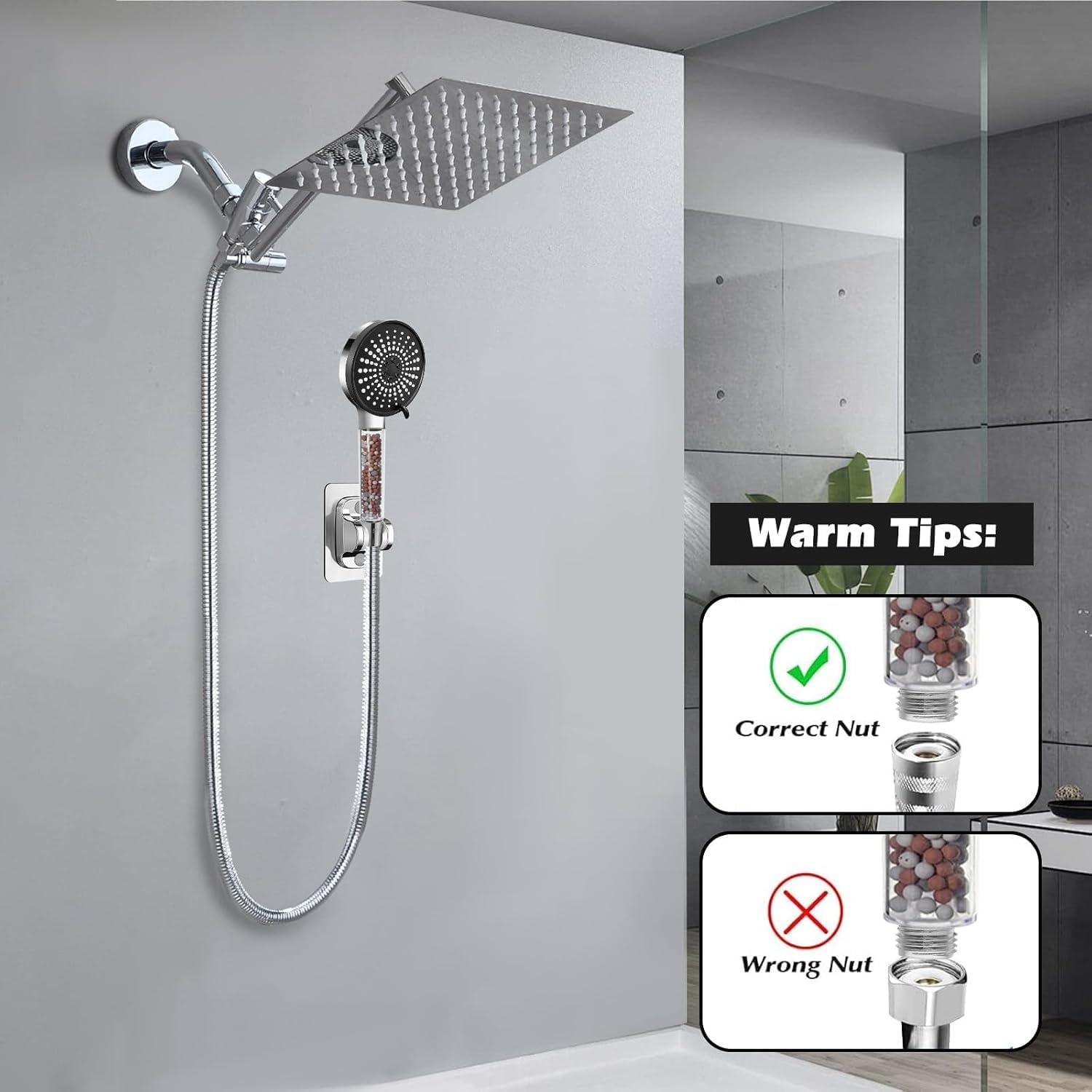Filtered Shower Head,8 Inch Rain Shower Head with Handheld Spray Combo, Adjustable High Pressure Rainfall Shower Head, Dual Showerhead Set with Extension Arm and 60 Inch Long Shower Hose(Silver)