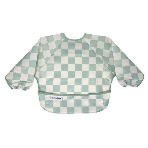 Tiny Twinkle Long Sleeve Bib for Babies & Toddlers | Waterproof Smock Bib for Eating | Machine Washable & Mess-Proof Feeding Essentials | Newborn Shower Gift (Checkers Sage, 6–24M)