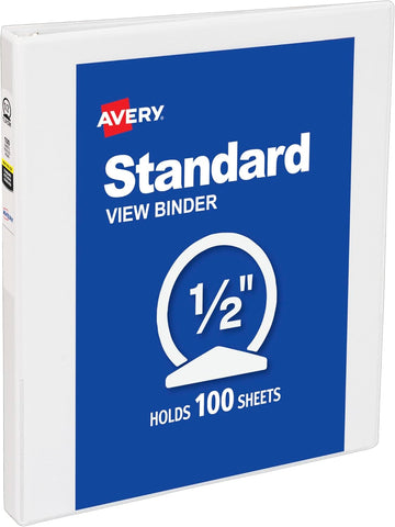 Avery Standard View 3 Ring Binder, 0.5" Round Rings, 1 White Binder