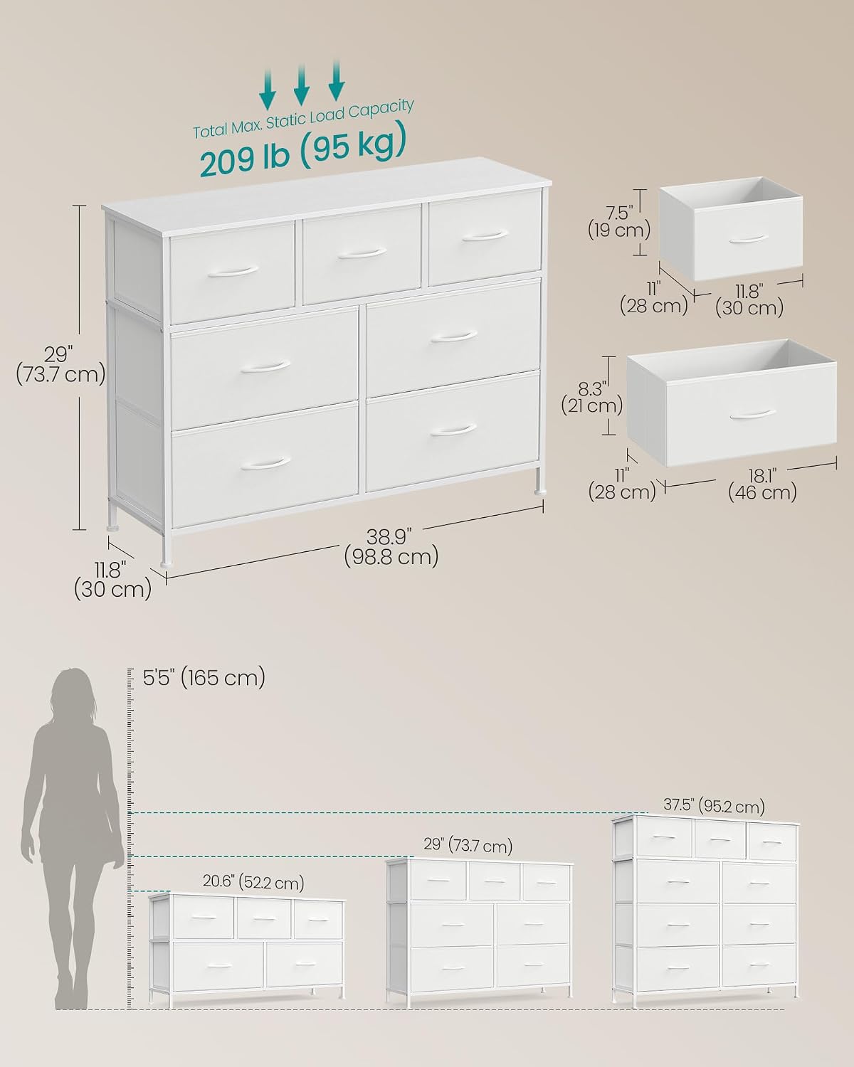 SONGMICS Dresser for Bedroom, Wide Dresser with 7 Fabric Drawers