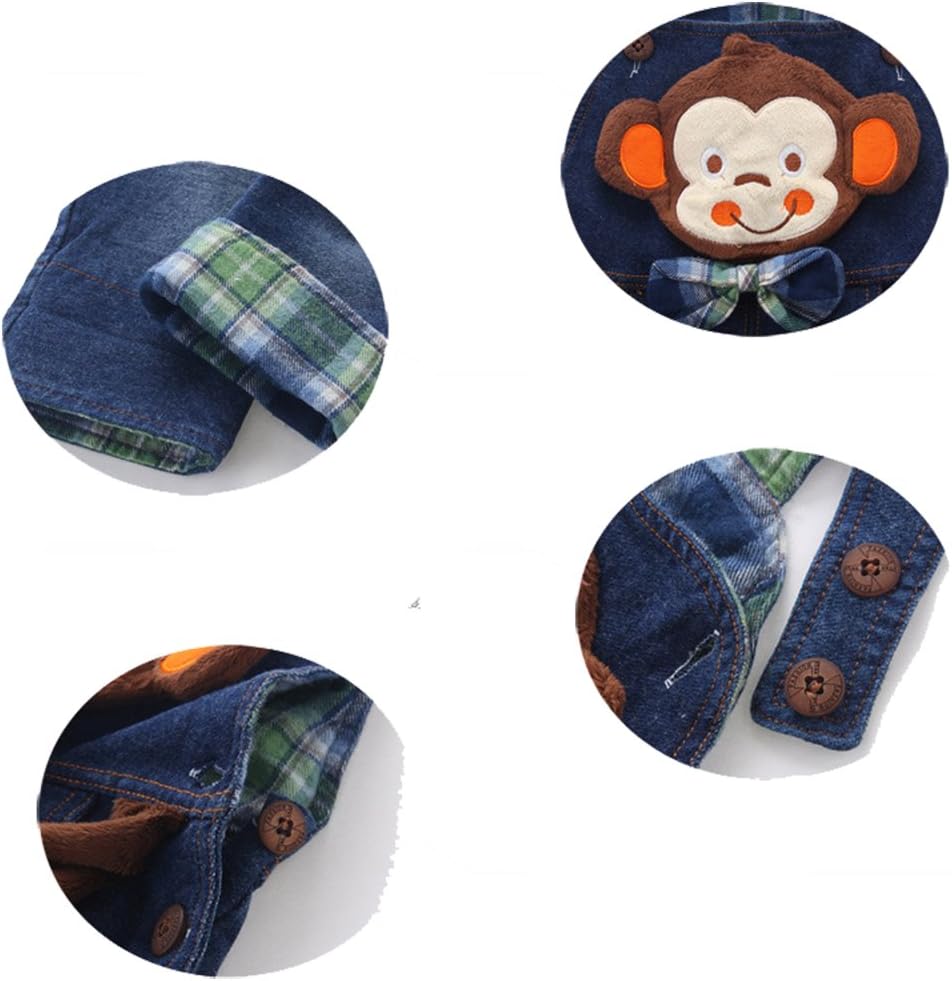 KIDSCOOL Baby Girls Boys Denim Overalls 3D Monkey Plaid Toddler Rompers