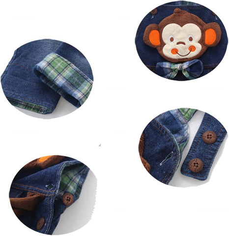 KIDSCOOL Baby Girls Boys Denim Overalls 3D Monkey Plaid Toddler Rompers