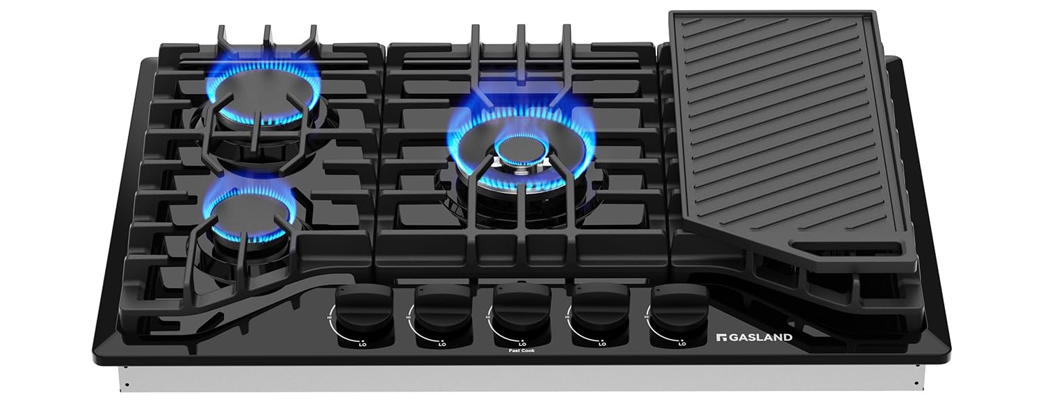 GASLAND 30 Inch Gas Cooktop with Griddle Black, PRO GH3305EF Gas Stovetop with 5 Burners, Reversible Cast Iron Grill/Griddle, Plug-in, NG/LPG Convertible, 120V Black, CSA certified