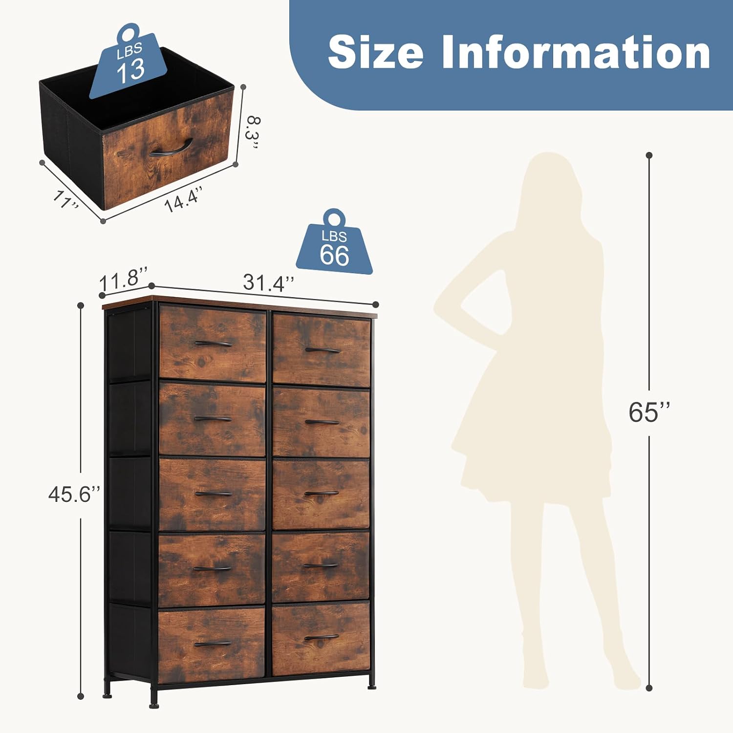 DUMOS 10 Drawer Tall Dresser for Bedroom & Living Room, Brown