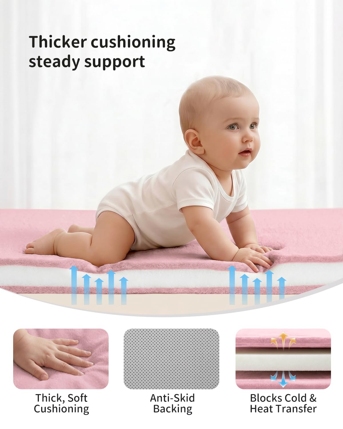 Goyuu Ultra Soft 1.3" Thick Baby Play Mat for Floor, 50x50 Playpen Mat Elasti-Foam Padded Crawling Mat for Babies, Toddlers, Infant, Kids, Non-Slip Backing Safe for Tummy Time Pink