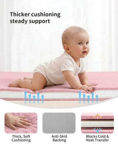 Goyuu Ultra Soft 1.3" Thick Baby Play Mat for Floor, 50x50 Playpen Mat Elasti-Foam Padded Crawling Mat for Babies, Toddlers, Infant, Kids, Non-Slip Backing Safe for Tummy Time Pink
