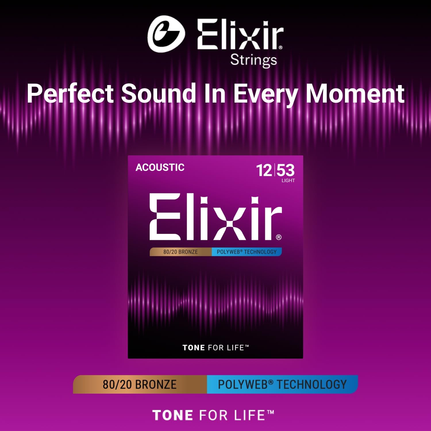 Elixir Strings, Acoustic Guitar Strings, 80/20 Bronze with POLYWEB Technology, Longest-Lasting Warm Tone with Comfortable Feel, 6 String Set, Light 12-53
