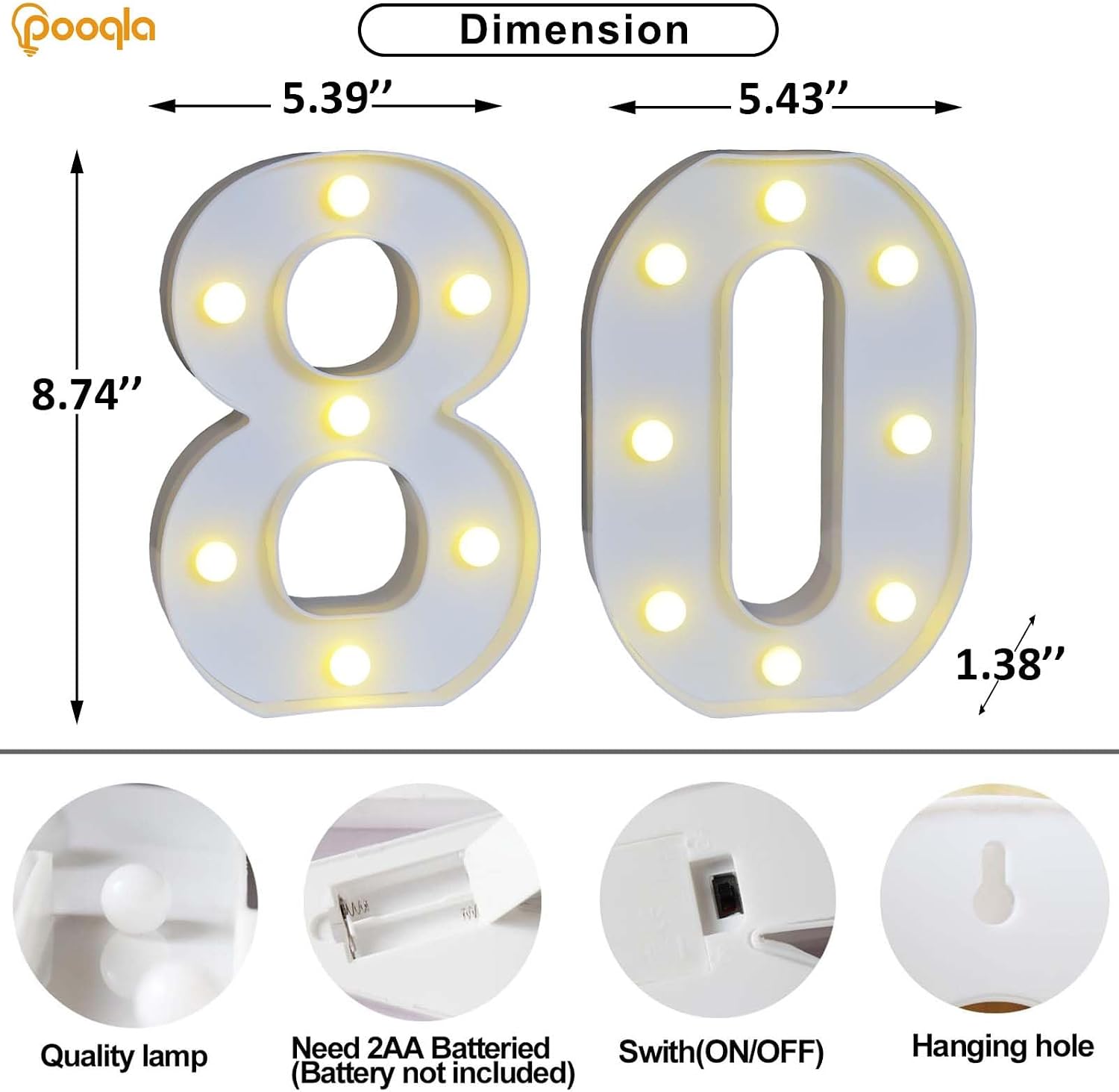 Pooqla Decorative LED Light Up Number Letters, White Plastic Marquee Number Lights Sign for 80th Birthday Party Wedding Decor, Battery Operated (80)