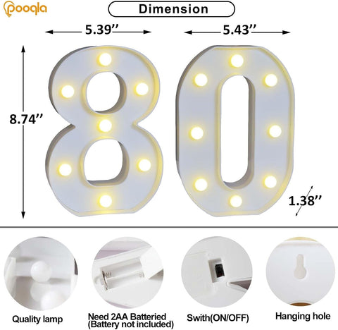Pooqla Decorative LED Light Up Number Letters, White Plastic Marquee Number Lights Sign for 80th Birthday Party Wedding Decor, Battery Operated (80)