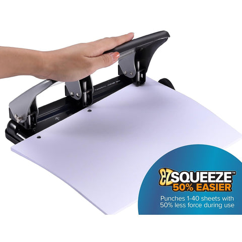 Bostitch Office EZ Squeeze Heavy Duty 3-Hole Punch for Home Office & School, 40-Sheet Capacity, One-Touch Reduced Force, Sleek Silver Design