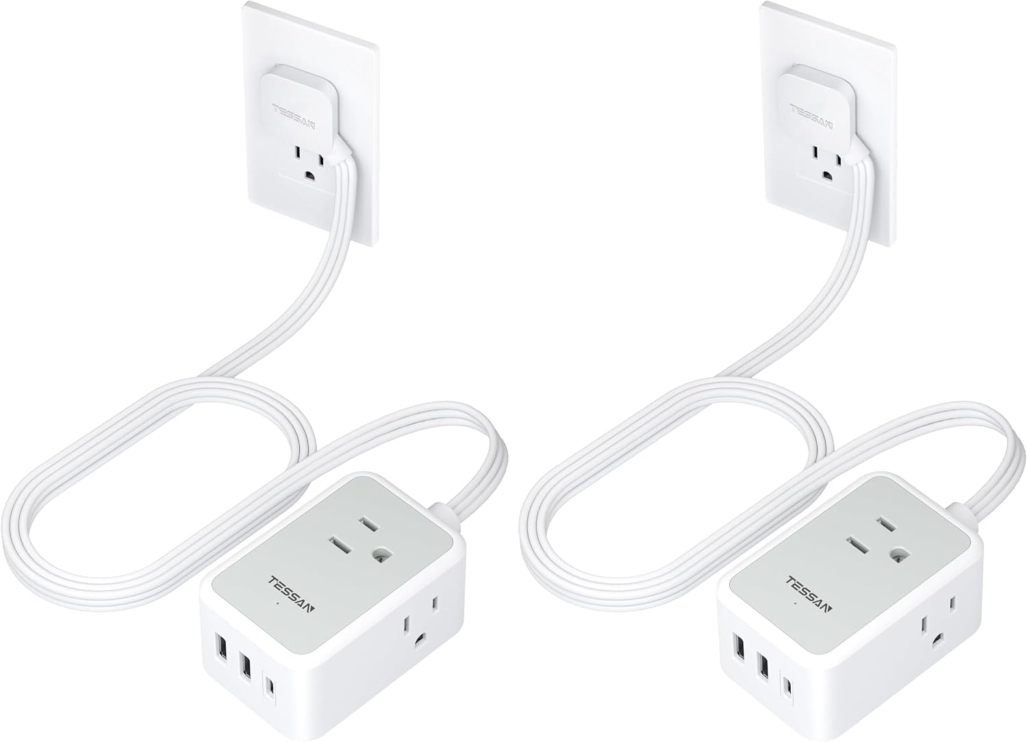 TESSAN Small Flat Plug Power Strip, Ultra Thin Extension Cord 5 ft, Grey (Pack of 2)