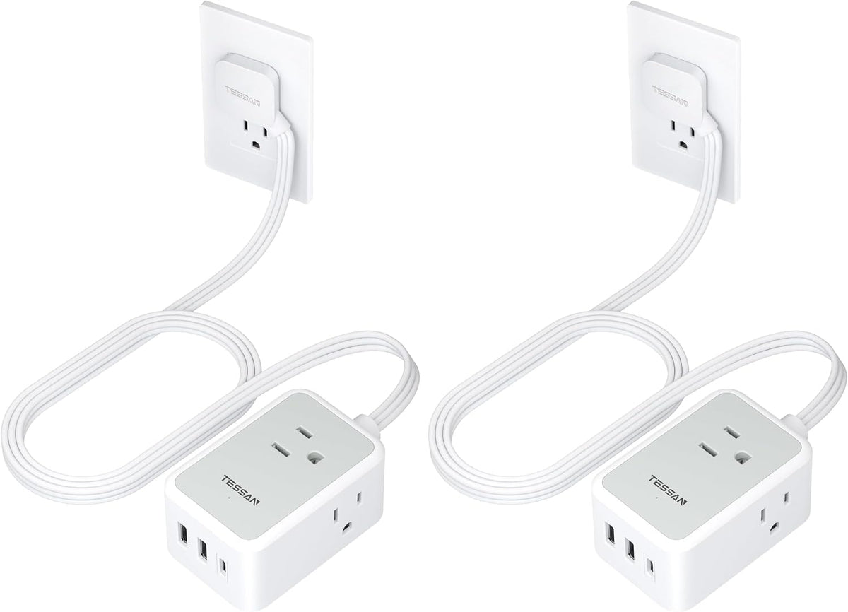 TESSAN Small Flat Plug Power Strip, Ultra Thin Extension Cord 5 ft, Grey (Pack of 2)