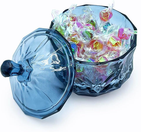 8oz Glass Candy Dish with Non-Airtight Lid,Small Crystal Candy Jar for Office Desk,Cotton Round Holder,Office,Bathroom,Dining Room Organizer (Gray Blue)