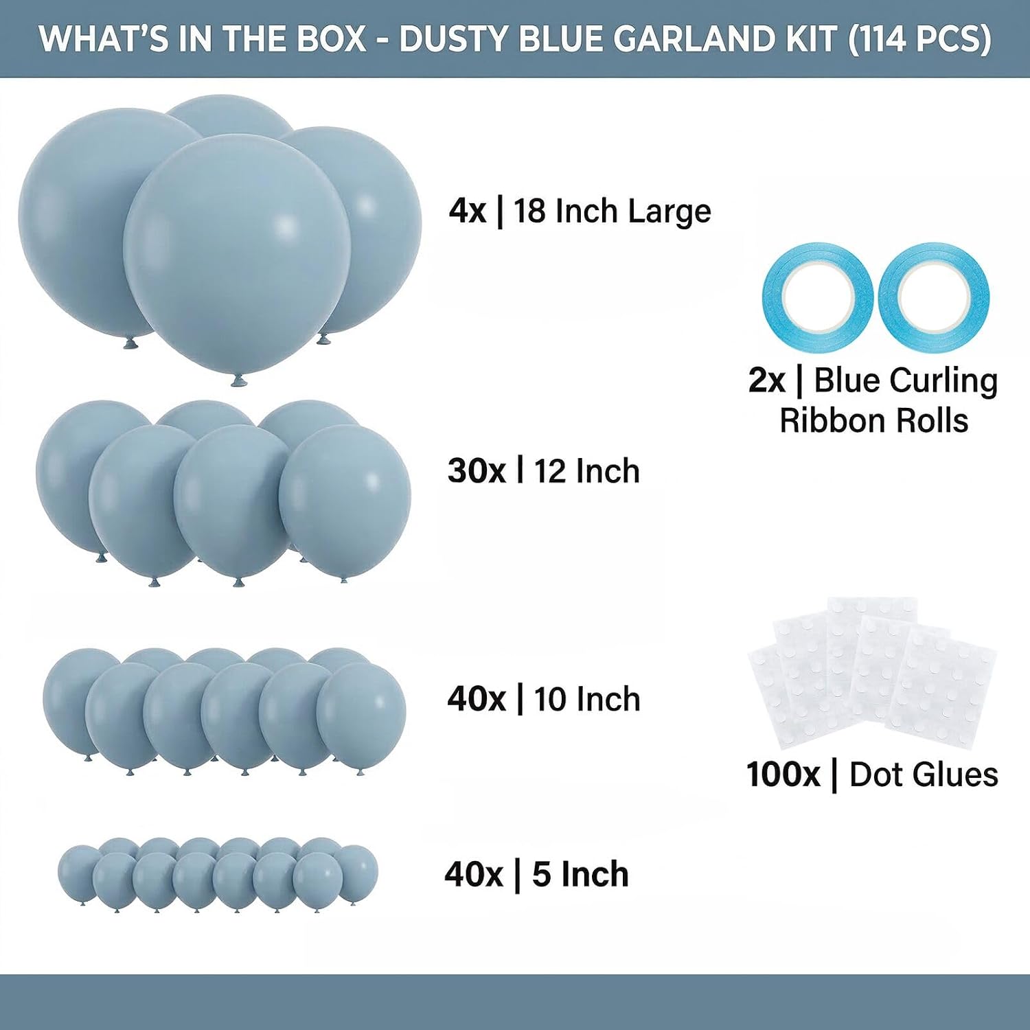 114pcs Dusty Blue Balloons, 18 12 10 5 inch